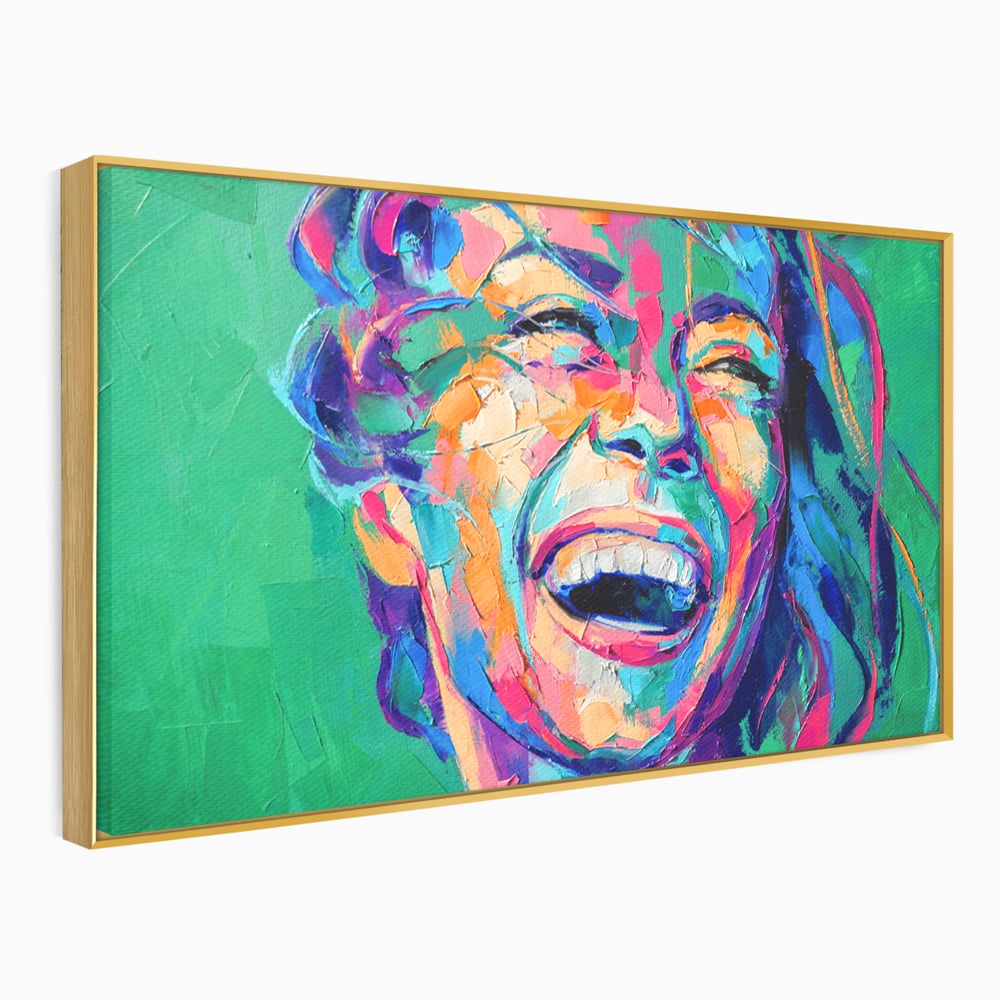 Tablou canvas cu tablou canvas cu fata zambind colorata, in rama de aluminiu auriu