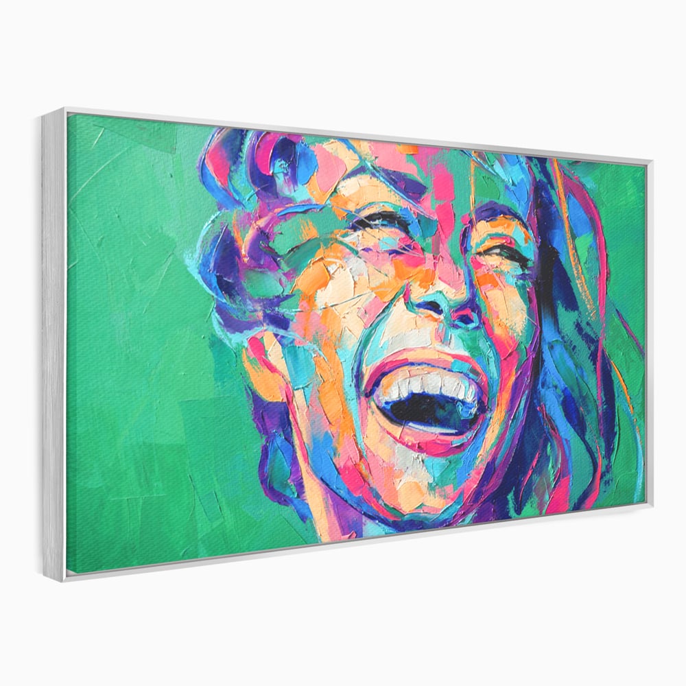 Tablou canvas cu tablou canvas cu fata zambind colorata, in rama de aluminiu argintiu