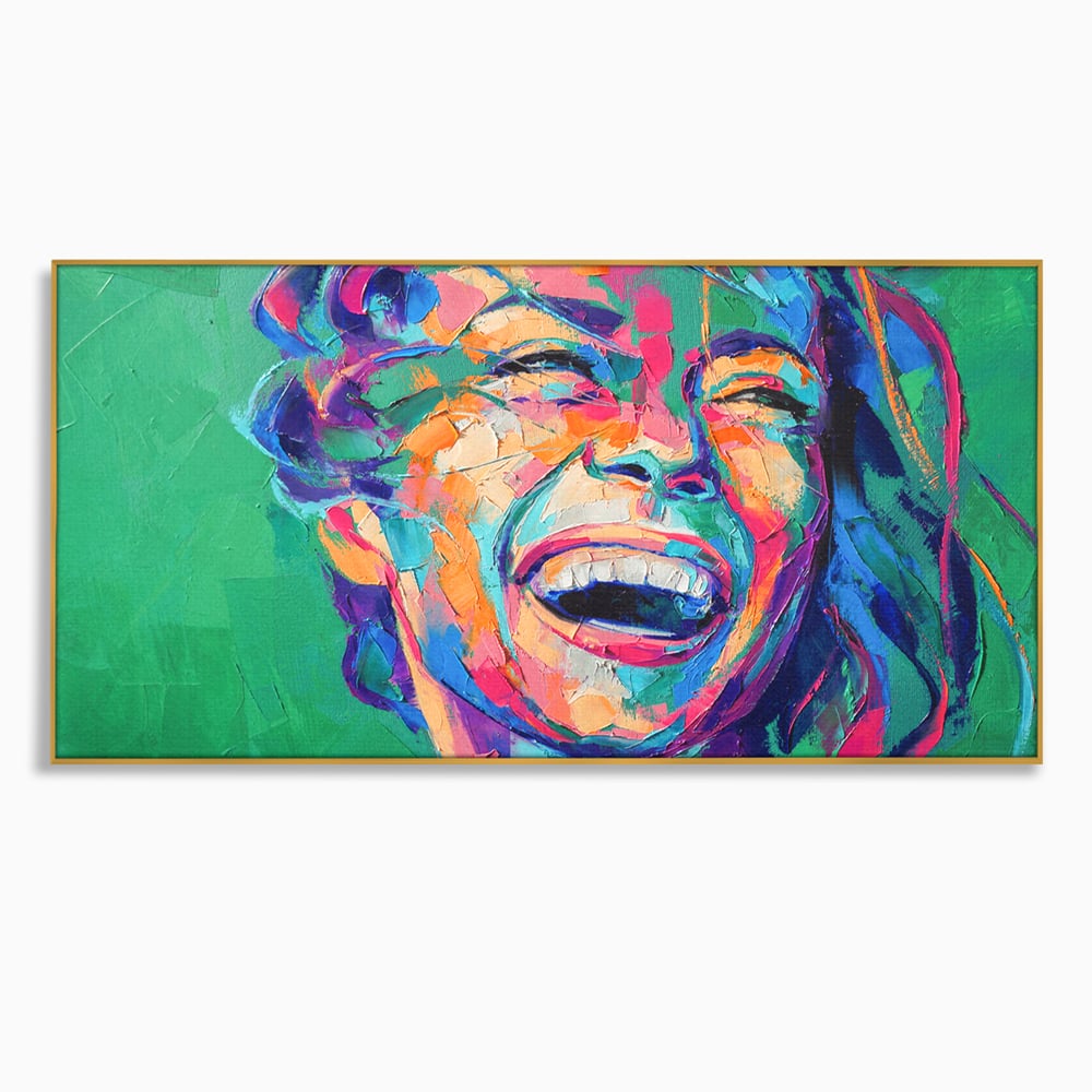 Tablou canvas cu tablou canvas cu fata zambind colorata, in rama de aluminiu auriu