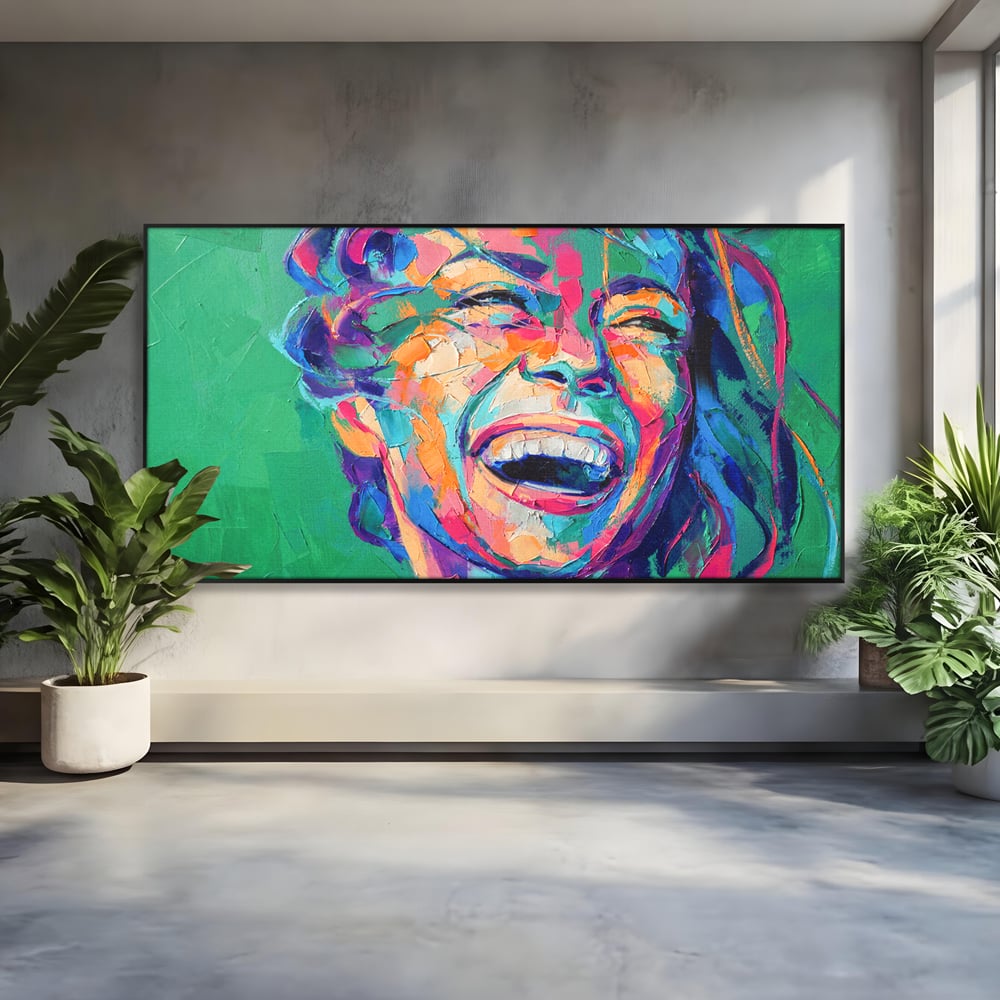 Tablou canvas cu tablou canvas cu fata zambind colorata, in rama de aluminiu negru