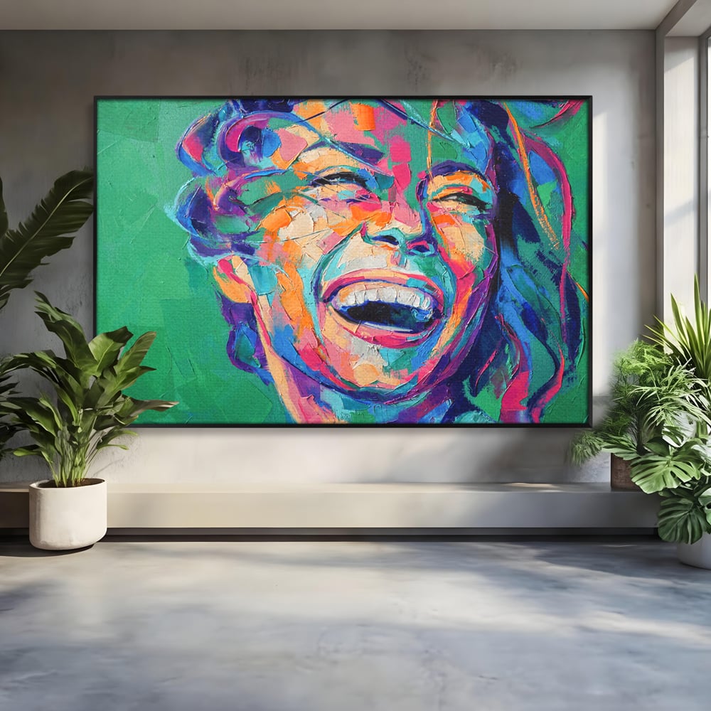 Tablou canvas cu tablou canvas cu fata zambind colorata, in rama de aluminiu negru