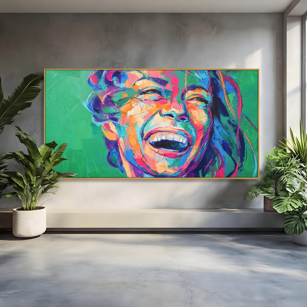 Tablou canvas cu tablou canvas cu fata zambind colorata, in rama de aluminiu auriu