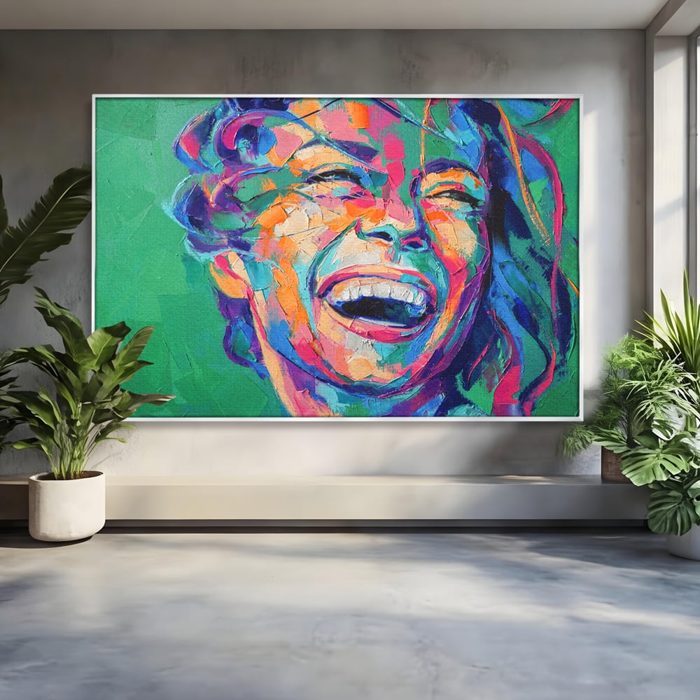 Tablou canvas cu tablou canvas cu fata zambind colorata, in rama de aluminiu argintiu