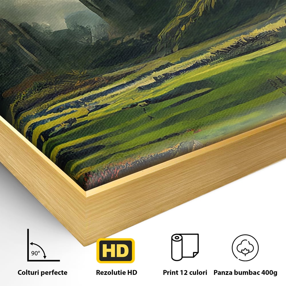 Detaliu al suprafetei: tablou canvas cu cetate medievala si peisaj, in rama de aluminiu auriu