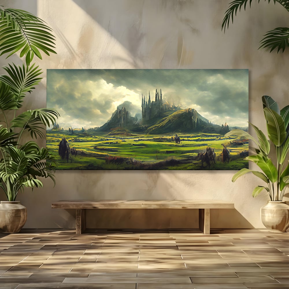 Tablou canvas cu tablou canvas cu cetate medievala si peisaj, fara rama, pe sasiu de lemn