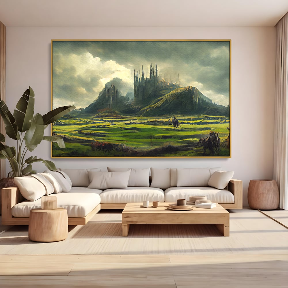 Tablou canvas cu tablou canvas cu cetate medievala si peisaj, in rama de aluminiu auriu, pe perete intr-un living