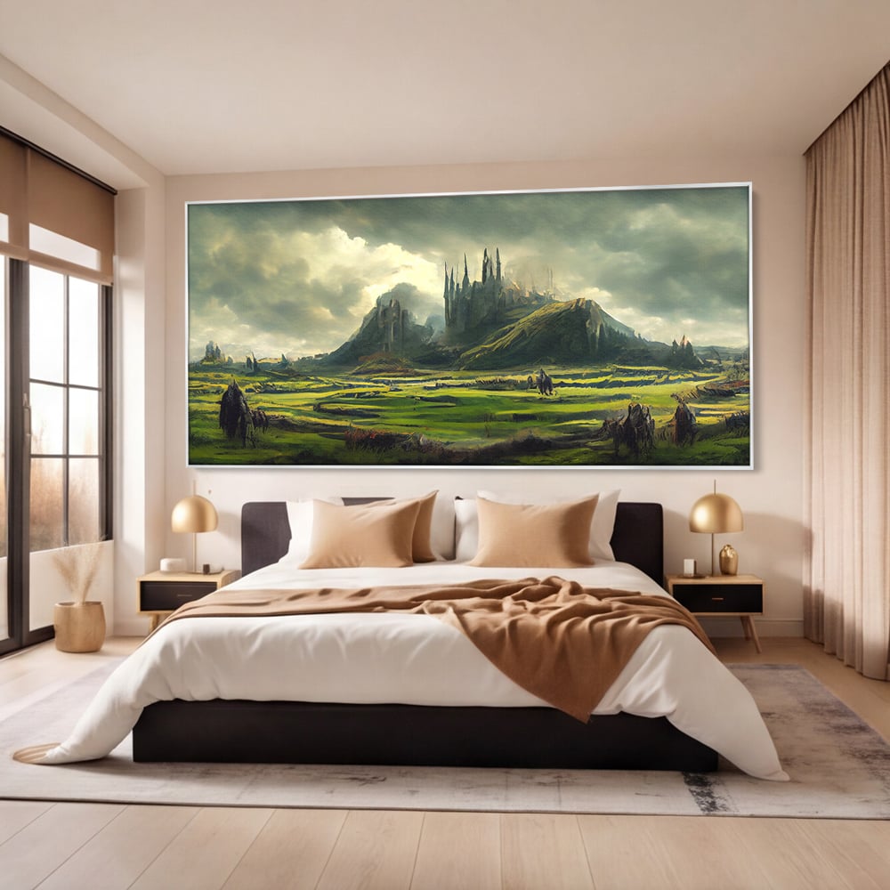 Tablou canvas cu tablou canvas cu cetate medievala si peisaj, in rama de aluminiu argintiu, pe perete intr-un dormitor