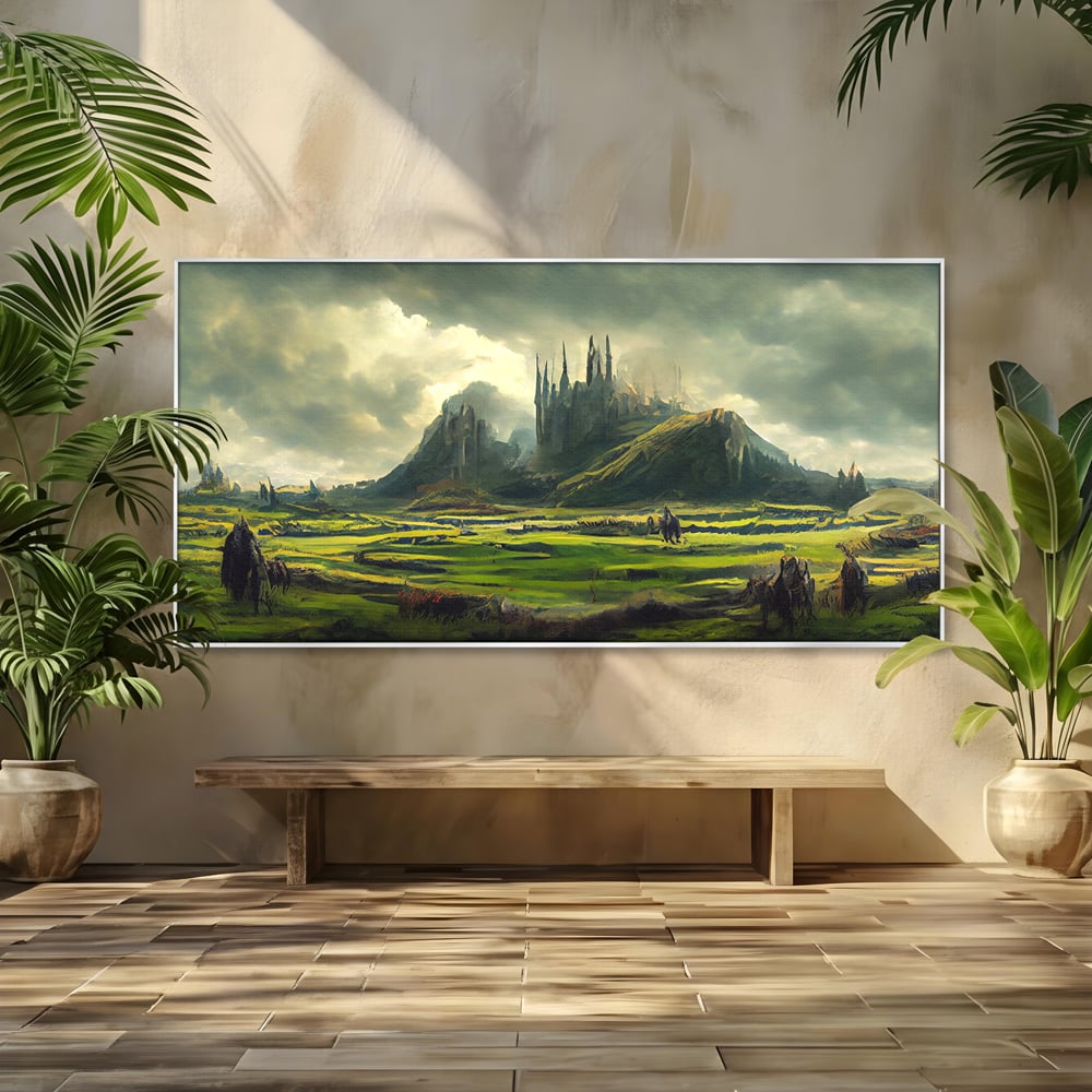 Tablou canvas cu tablou canvas cu cetate medievala si peisaj, in rama de aluminiu argintiu
