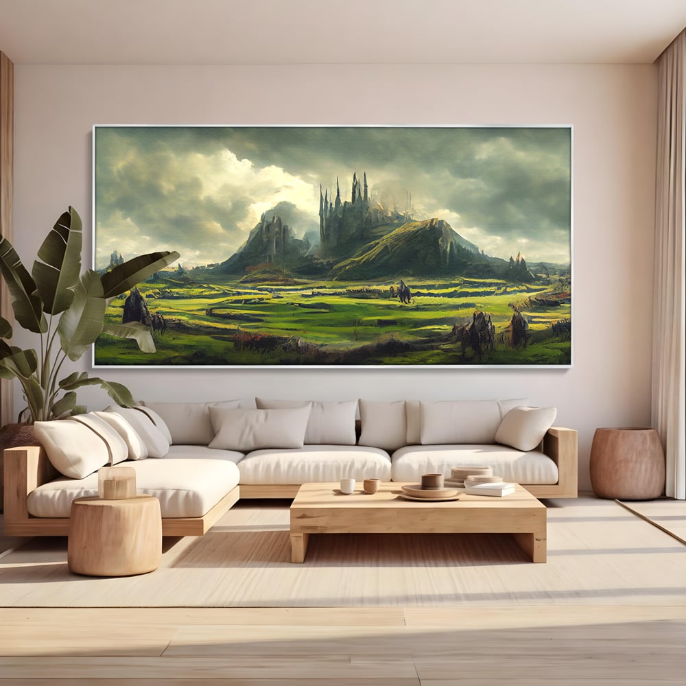 Tablou canvas cu tablou canvas cu cetate medievala si peisaj, in rama de aluminiu argintiu, pe perete intr-un living