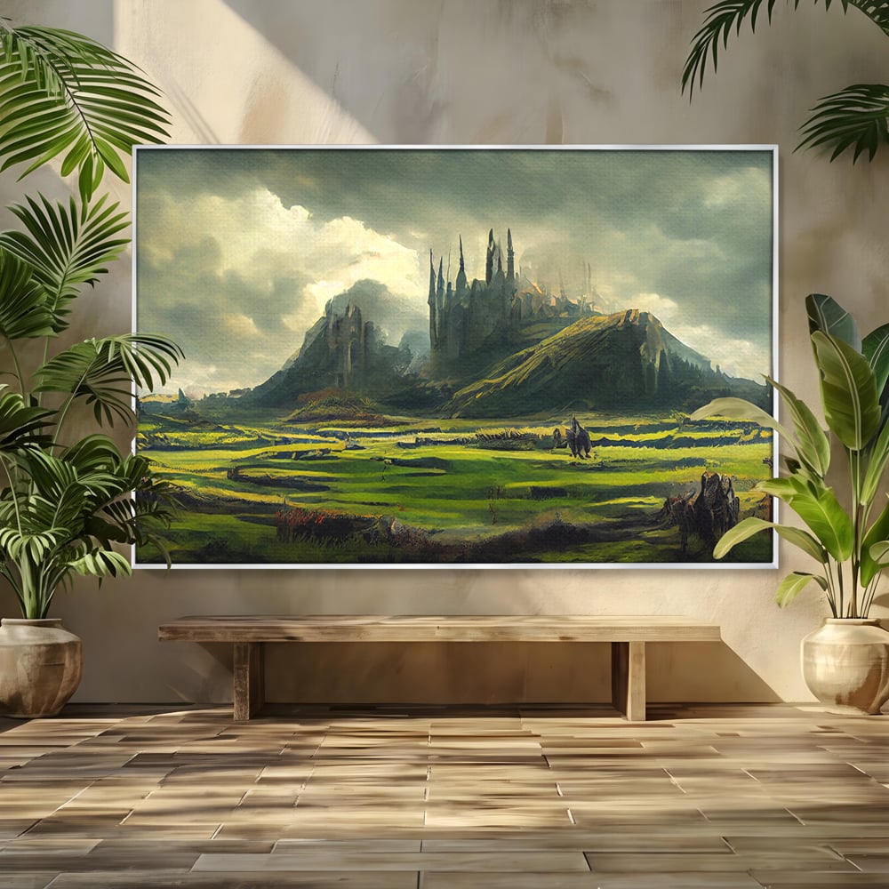 Tablou canvas cu tablou canvas cu cetate medievala si peisaj, in rama de aluminiu argintiu