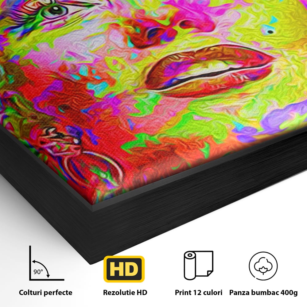 Detaliu al suprafetei: tablou canvas cu marilyn monroe policroma, in rama de aluminiu negru