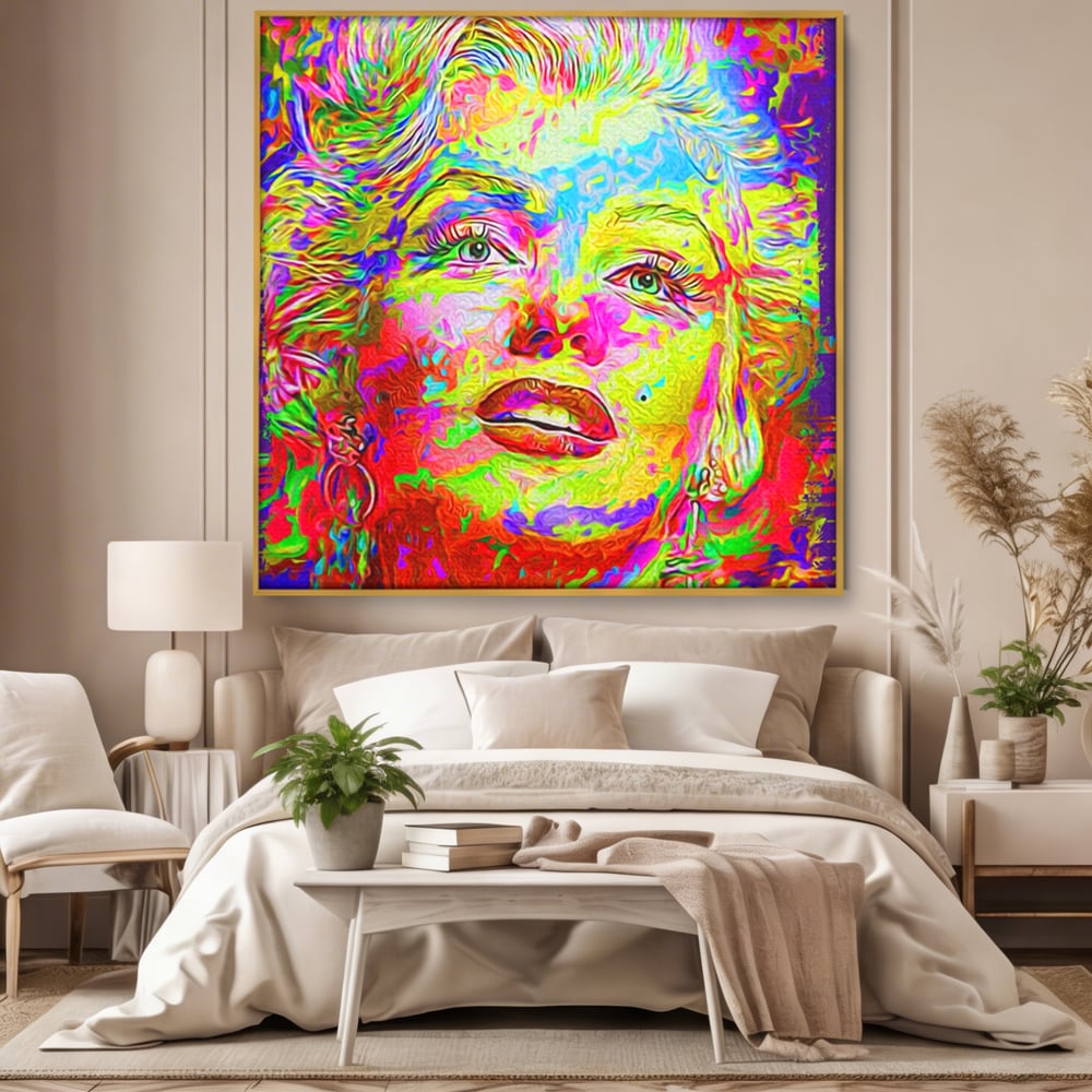 Tablou canvas cu tablou canvas cu marilyn monroe policroma, in rama de aluminiu auriu, pe perete intr-un dormitor