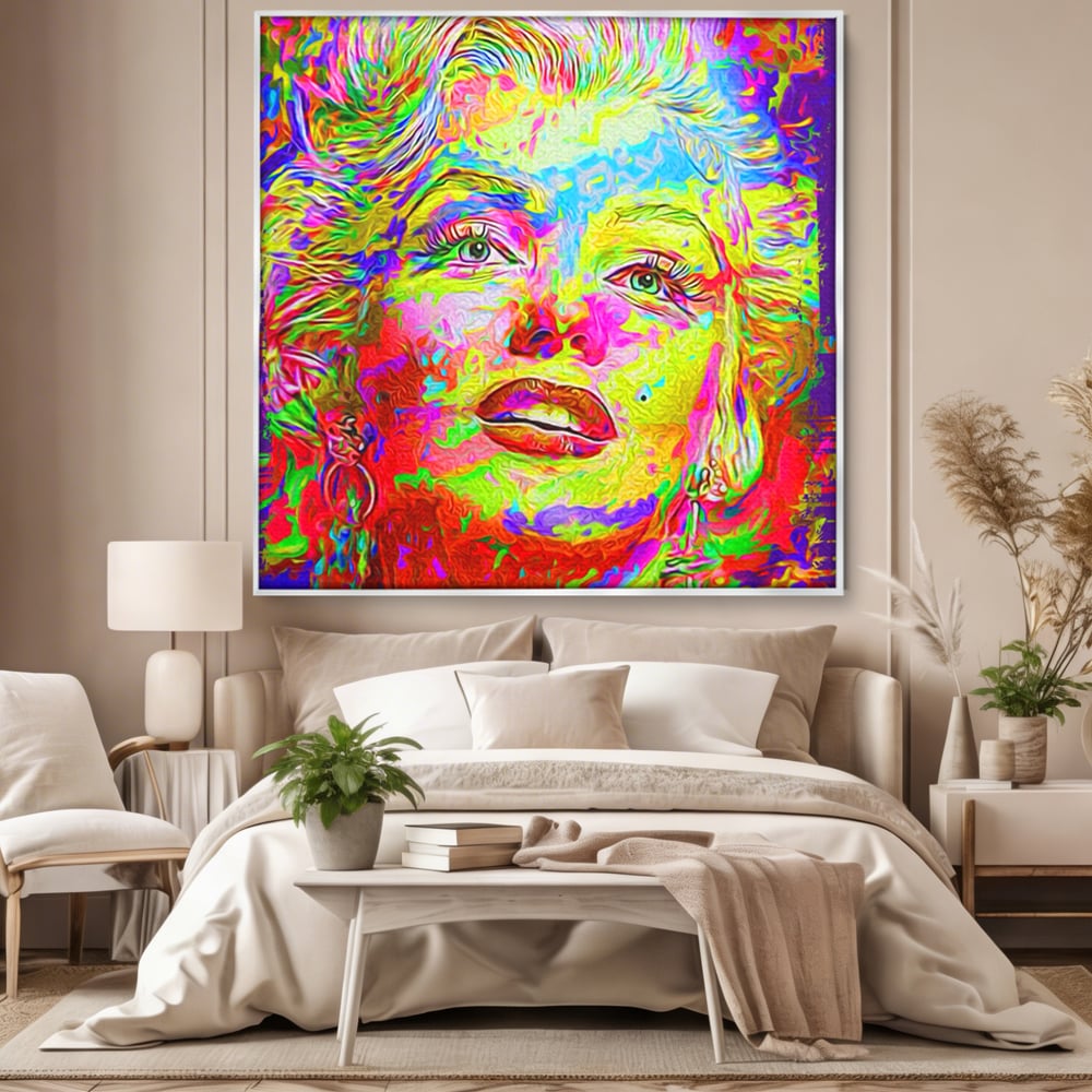 Tablou canvas cu tablou canvas cu marilyn monroe policroma, in rama de aluminiu argintiu, pe perete intr-un dormitor