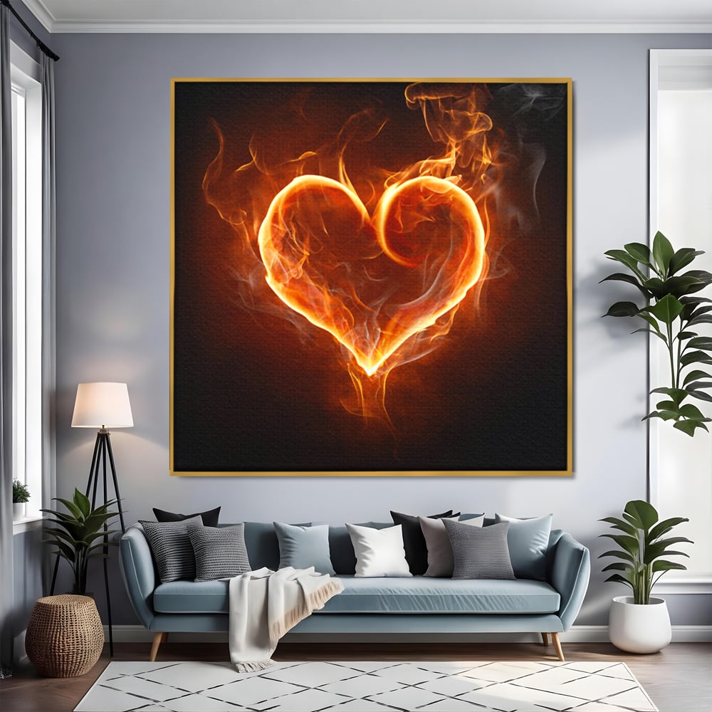 Tablou canvas cu tablou canvas cu inima in flacari, in rama de aluminiu auriu, pe perete intr-un living