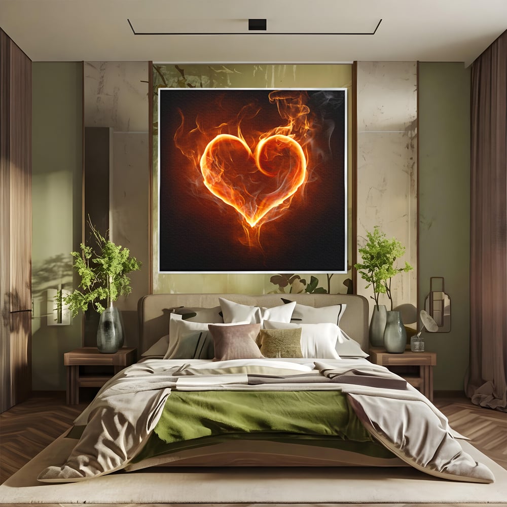 Tablou canvas cu tablou canvas cu inima in flacari, in rama de aluminiu argintiu, pe perete intr-un dormitor