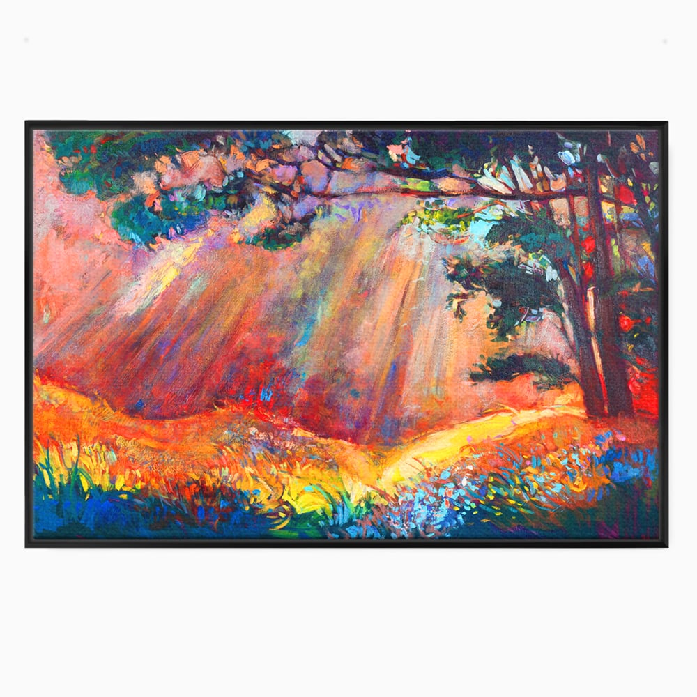 Tablou canvas cu tablou pictura cu padure si raze de soare, in rama de aluminiu negru