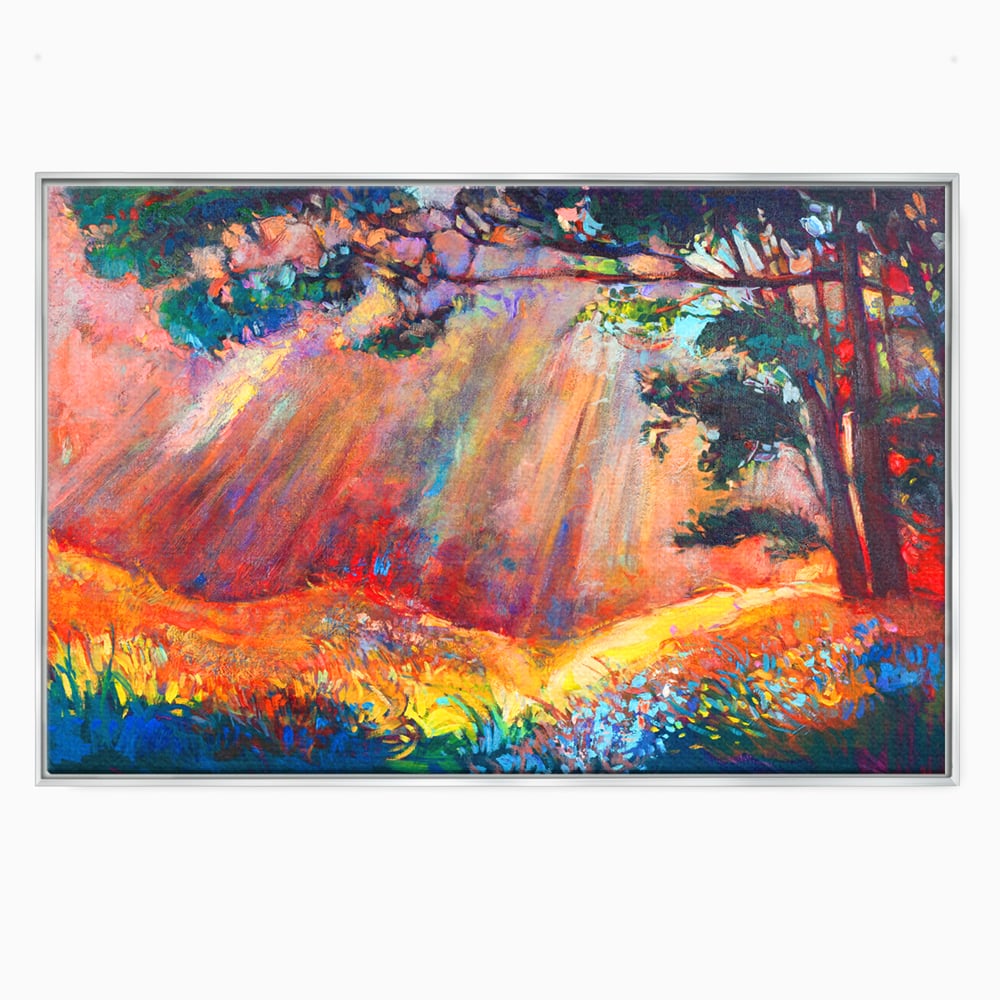 Tablou canvas cu tablou pictura cu padure si raze de soare, in rama de aluminiu argintiu