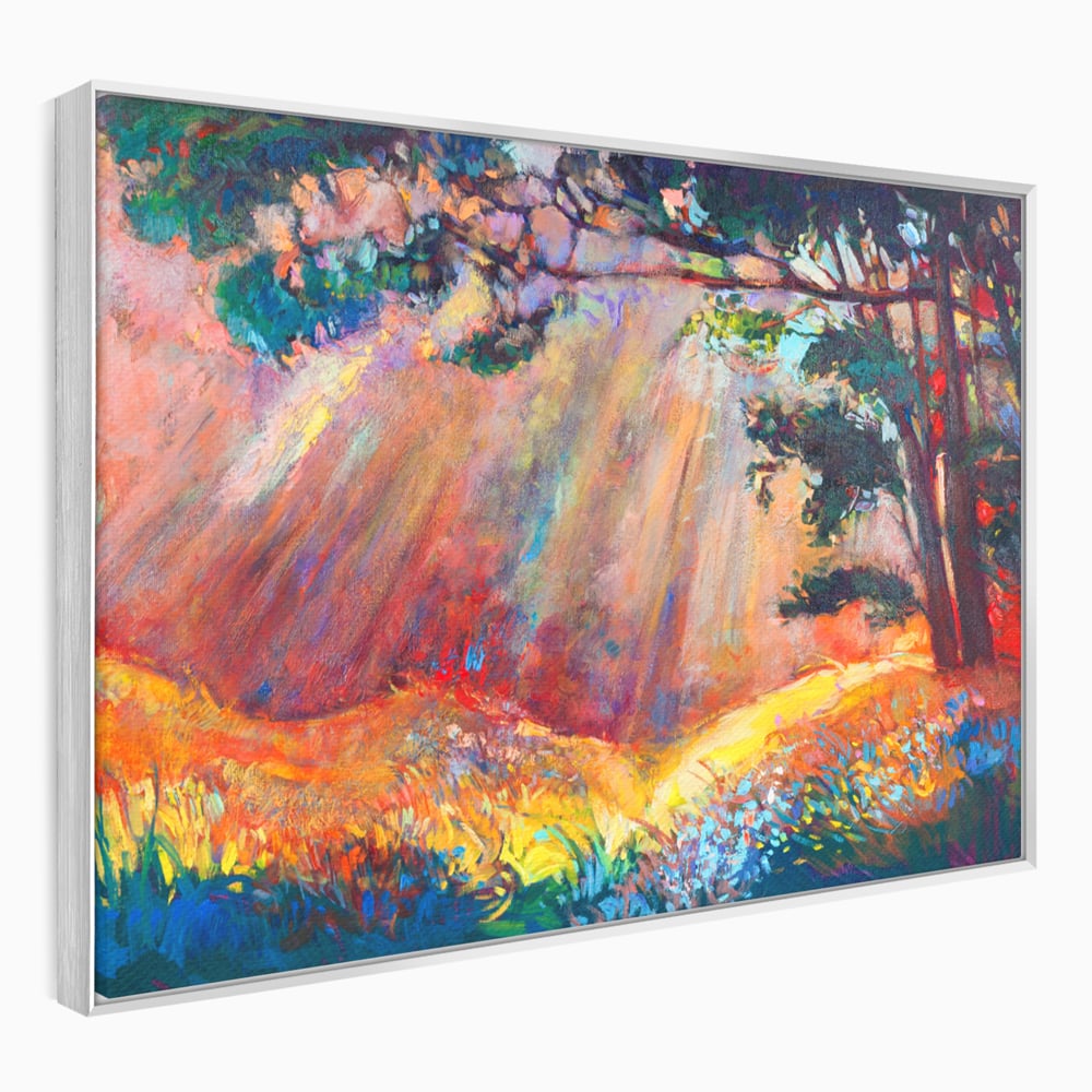 Tablou canvas cu tablou pictura cu padure si raze de soare, in rama de aluminiu argintiu