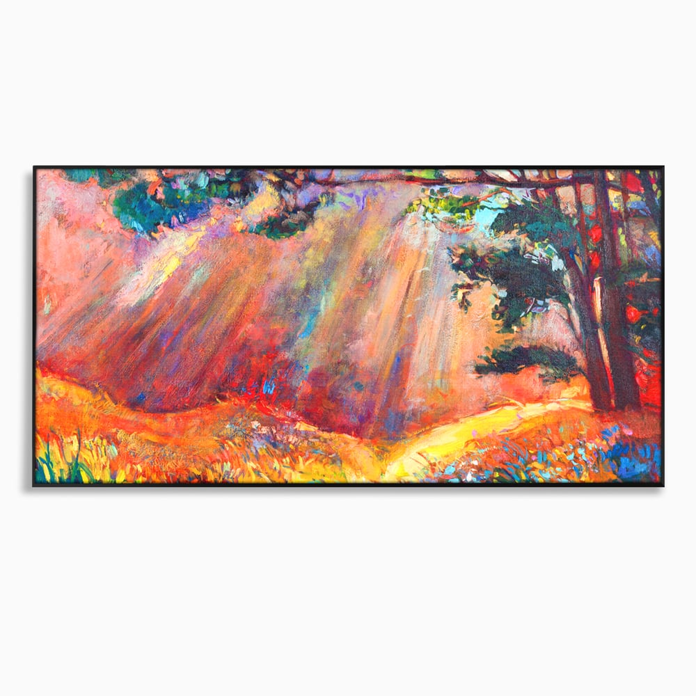 Tablou canvas cu tablou pictura cu padure si raze de soare, in rama de aluminiu negru