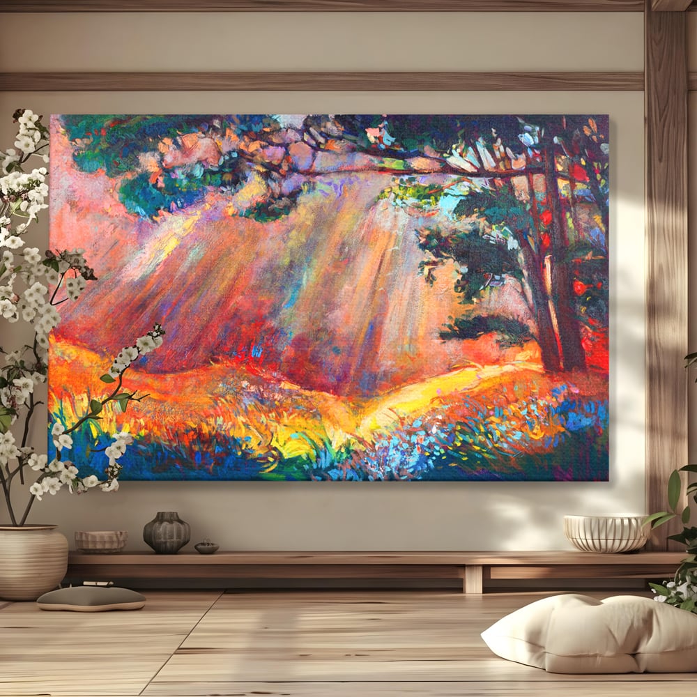 Tablou canvas cu tablou pictura cu padure si raze de soare, fara rama, pe sasiu de lemn