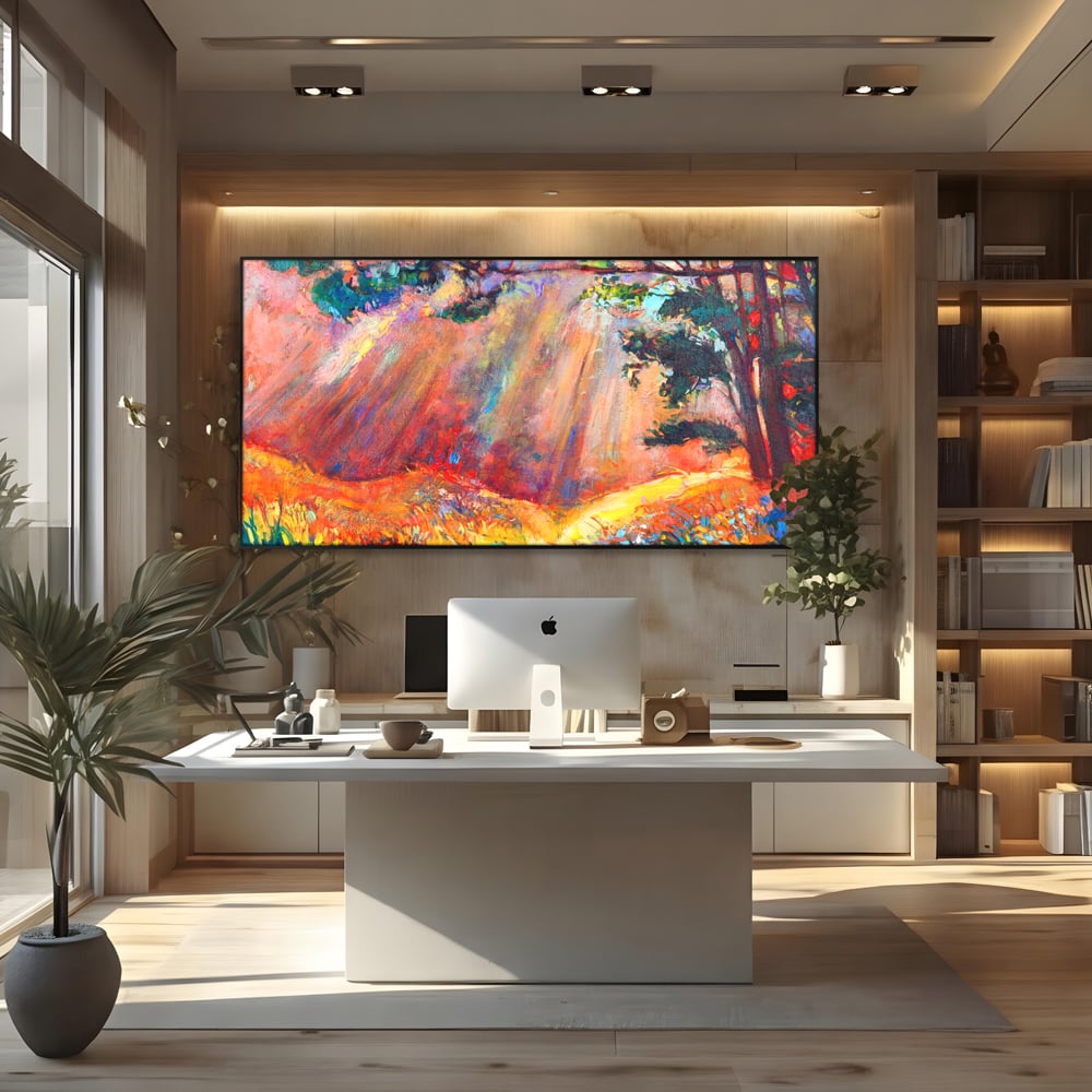Tablou canvas cu tablou pictura cu padure si raze de soare, in rama de aluminiu negru, pe perete intr-un birou