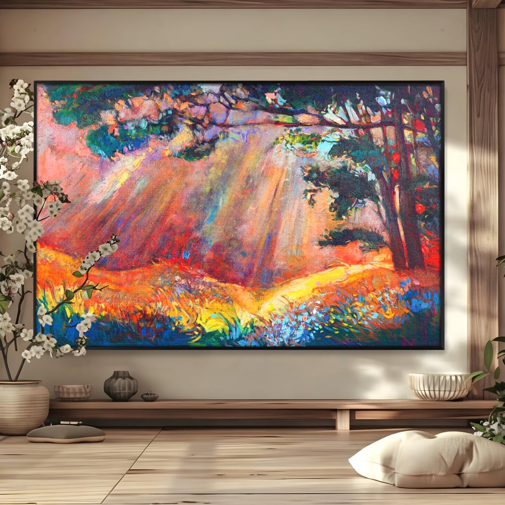 Tablou canvas cu tablou pictura cu padure si raze de soare, in rama de aluminiu negru