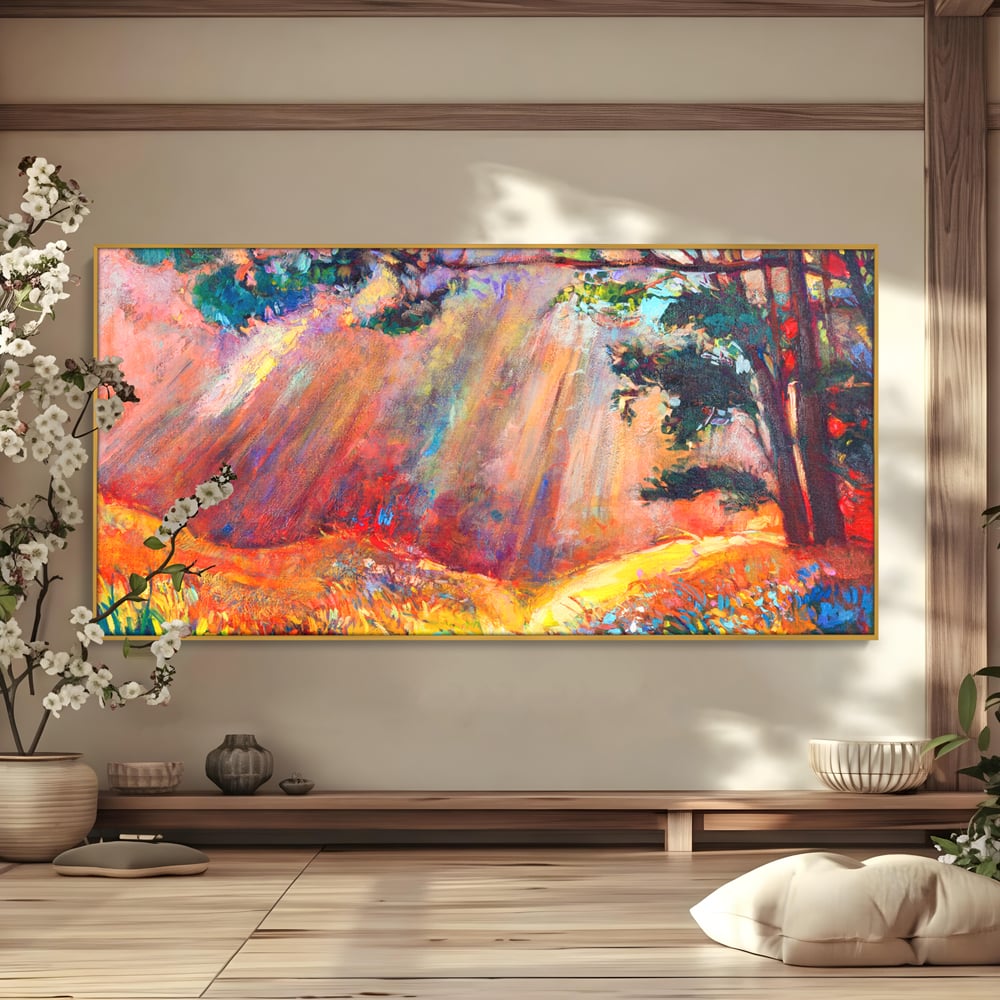 Tablou canvas cu tablou pictura cu padure si raze de soare, in rama de aluminiu auriu