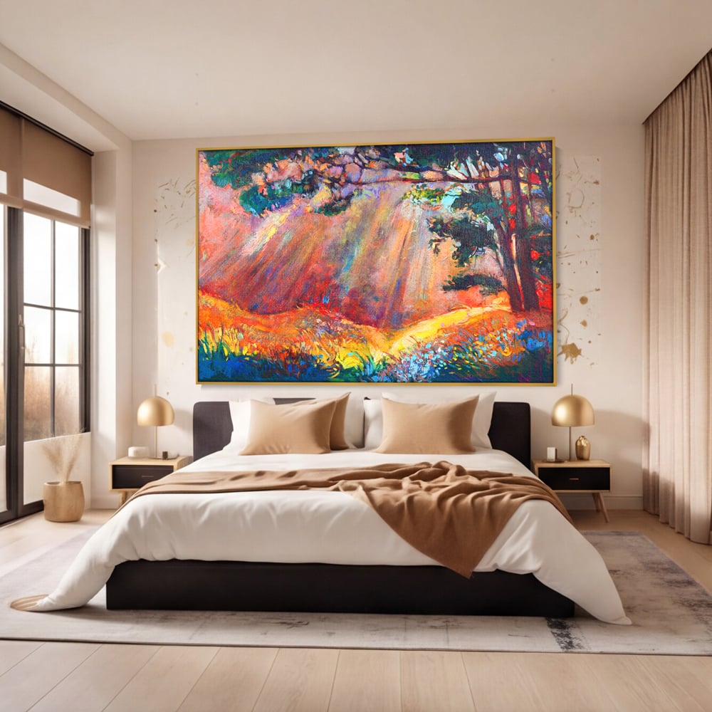 Tablou canvas cu tablou pictura cu padure si raze de soare, in rama de aluminiu auriu, pe perete intr-un dormitor