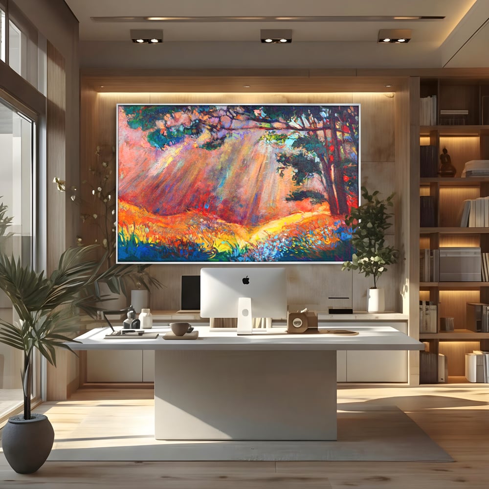 Tablou canvas cu tablou pictura cu padure si raze de soare, in rama de aluminiu argintiu, pe perete intr-un birou