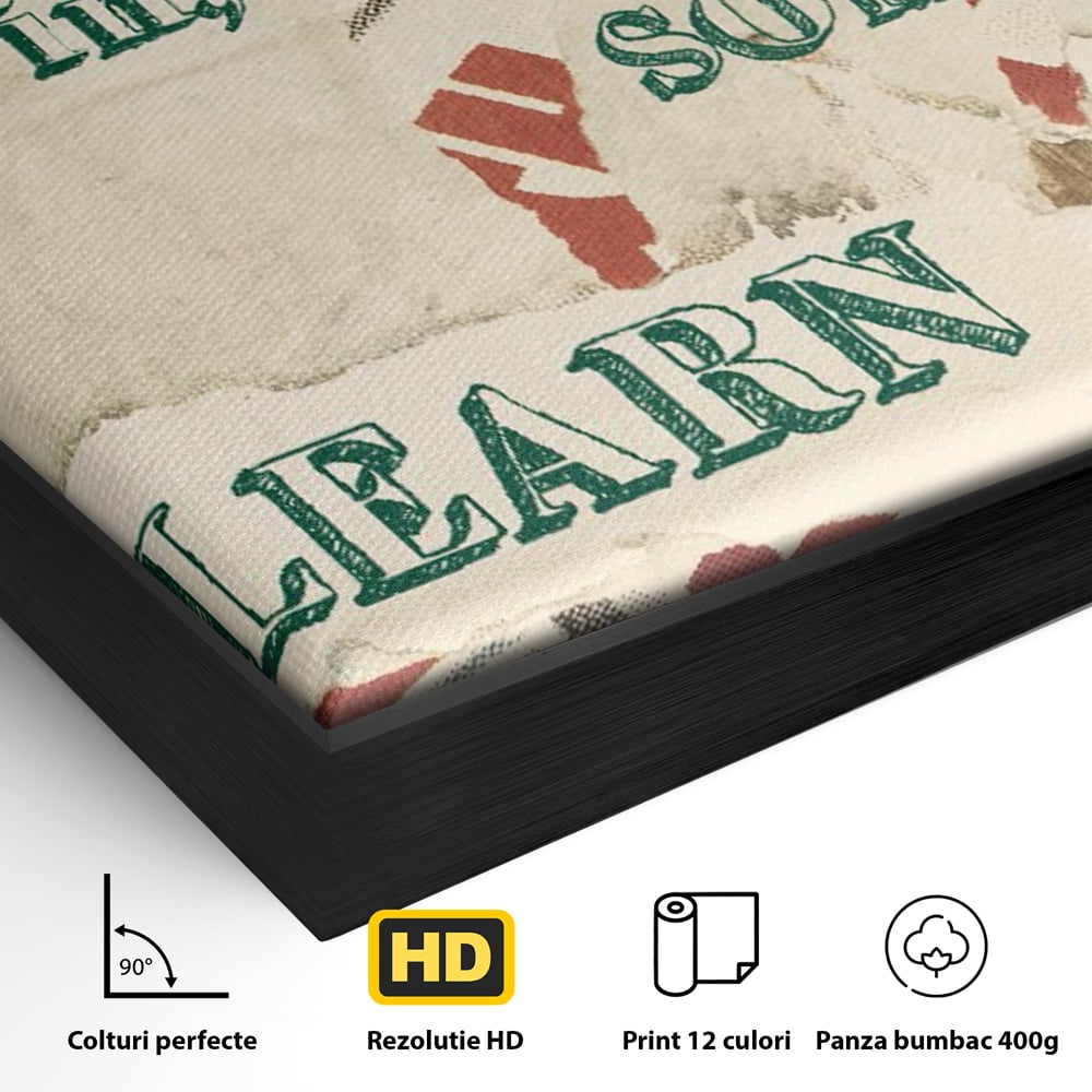 Detaliu al suprafetei: tablou canvas cu mesaj motivational, in rama de aluminiu negru