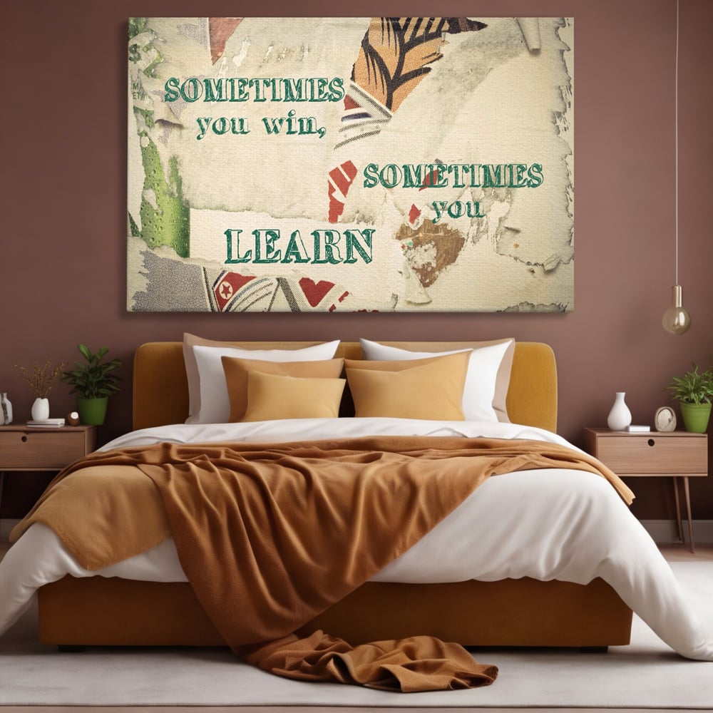 Tablou canvas cu tablou canvas cu mesaj motivational, fara rama, pe sasiu de lemn, pe perete intr-un dormitor