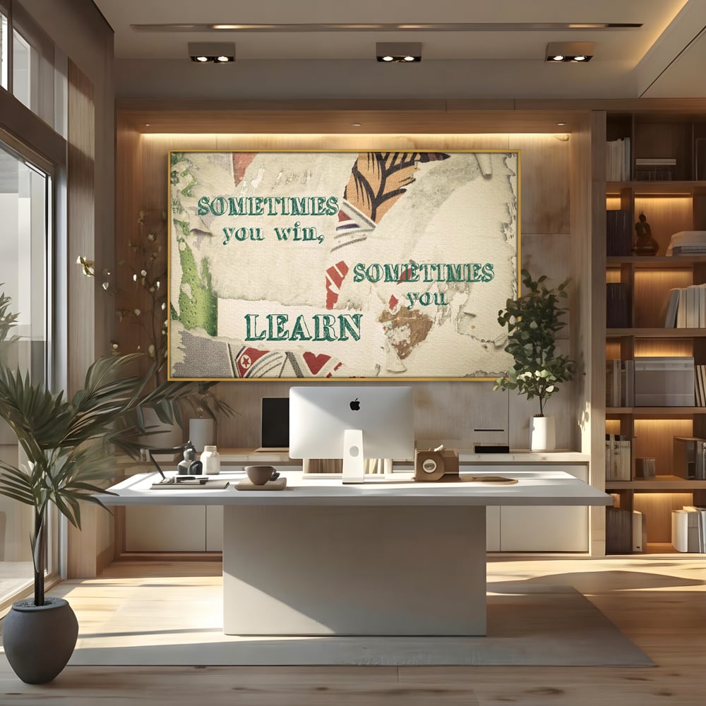 Tablou canvas cu tablou canvas cu mesaj motivational, in rama de aluminiu auriu, pe perete intr-un birou
