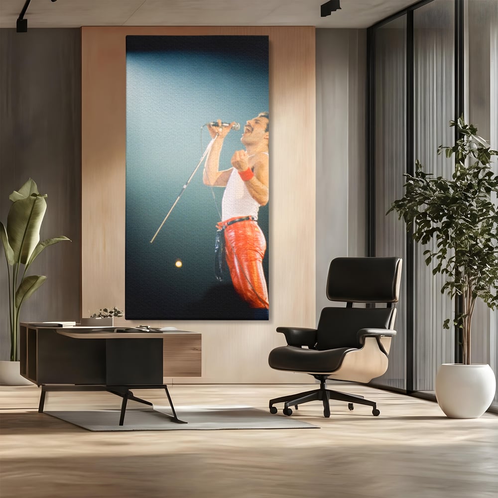 Tablou canvas cu tablou canvas cu freddie mercury, fara rama, pe sasiu de lemn, pe perete intr-un birou