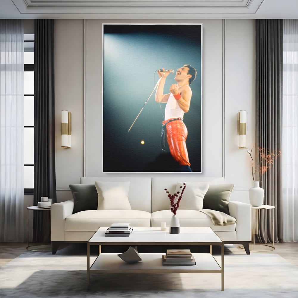 Tablou canvas cu tablou canvas cu freddie mercury, in rama de aluminiu argintiu, pe perete intr-un living
