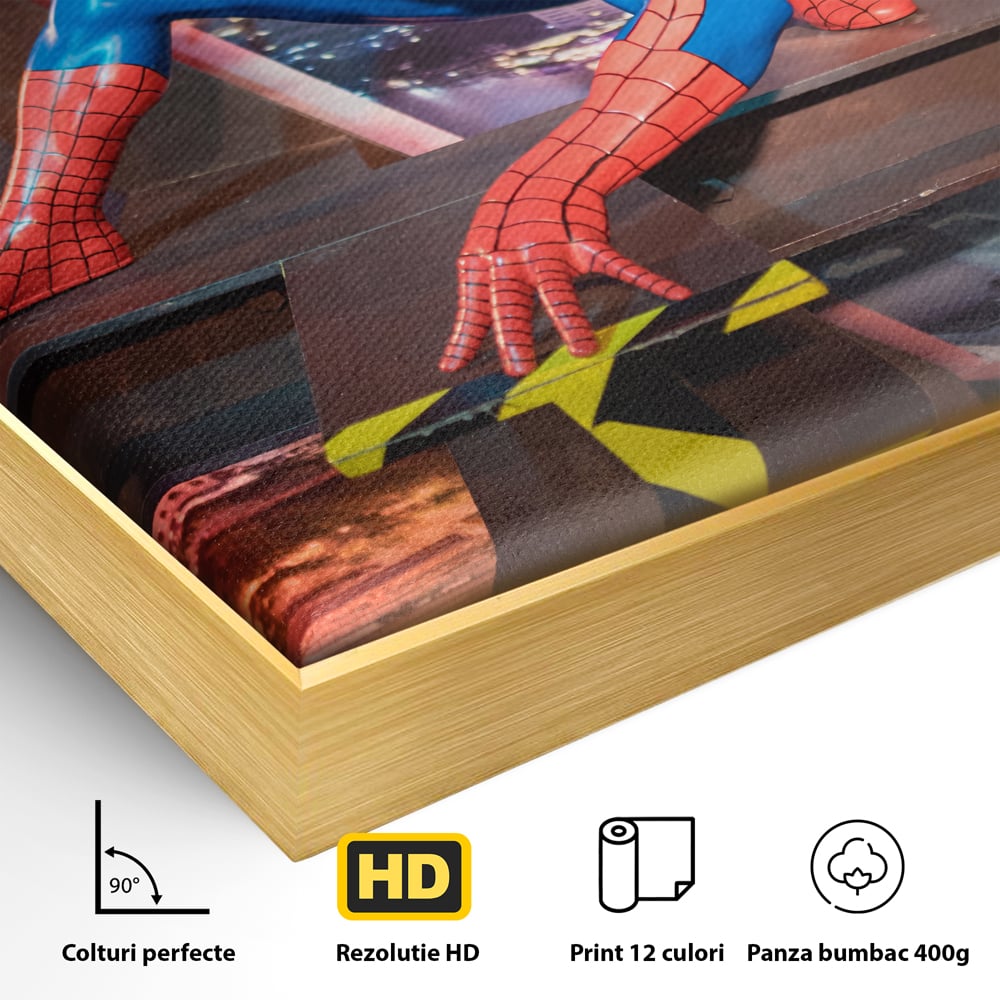 Detaliu al suprafetei: tablou canvas cu figurina spider man, in rama de aluminiu auriu