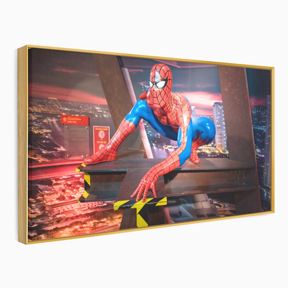 Tablou canvas cu tablou canvas cu figurina spider man, in rama de aluminiu auriu