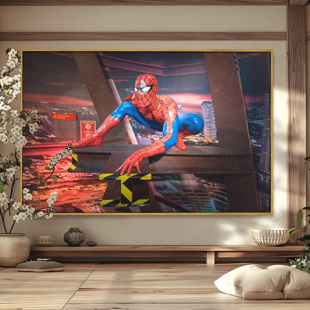 Tablou canvas cu tablou canvas cu figurina spider man, in rama de aluminiu auriu