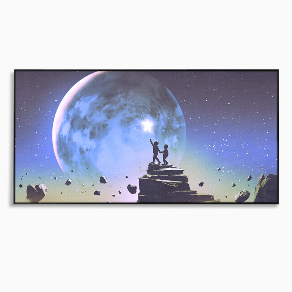 Tablou canvas cu doi copii pe stanca privind luna, in rama de aluminiu negru