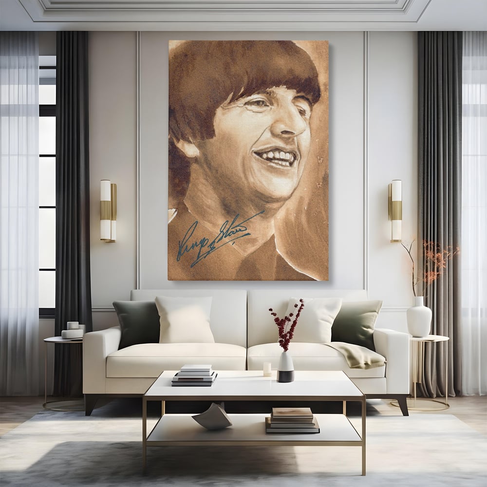 Tablou canvas cu tablou canvas portret ringo starr, fara rama, pe sasiu de lemn, pe perete intr-un living