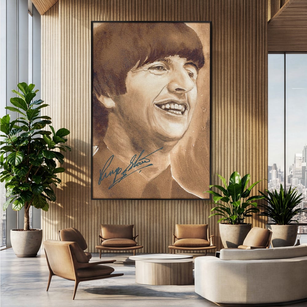 Tablou canvas cu tablou canvas portret ringo starr, in rama de aluminiu negru, pe perete intr-un birou