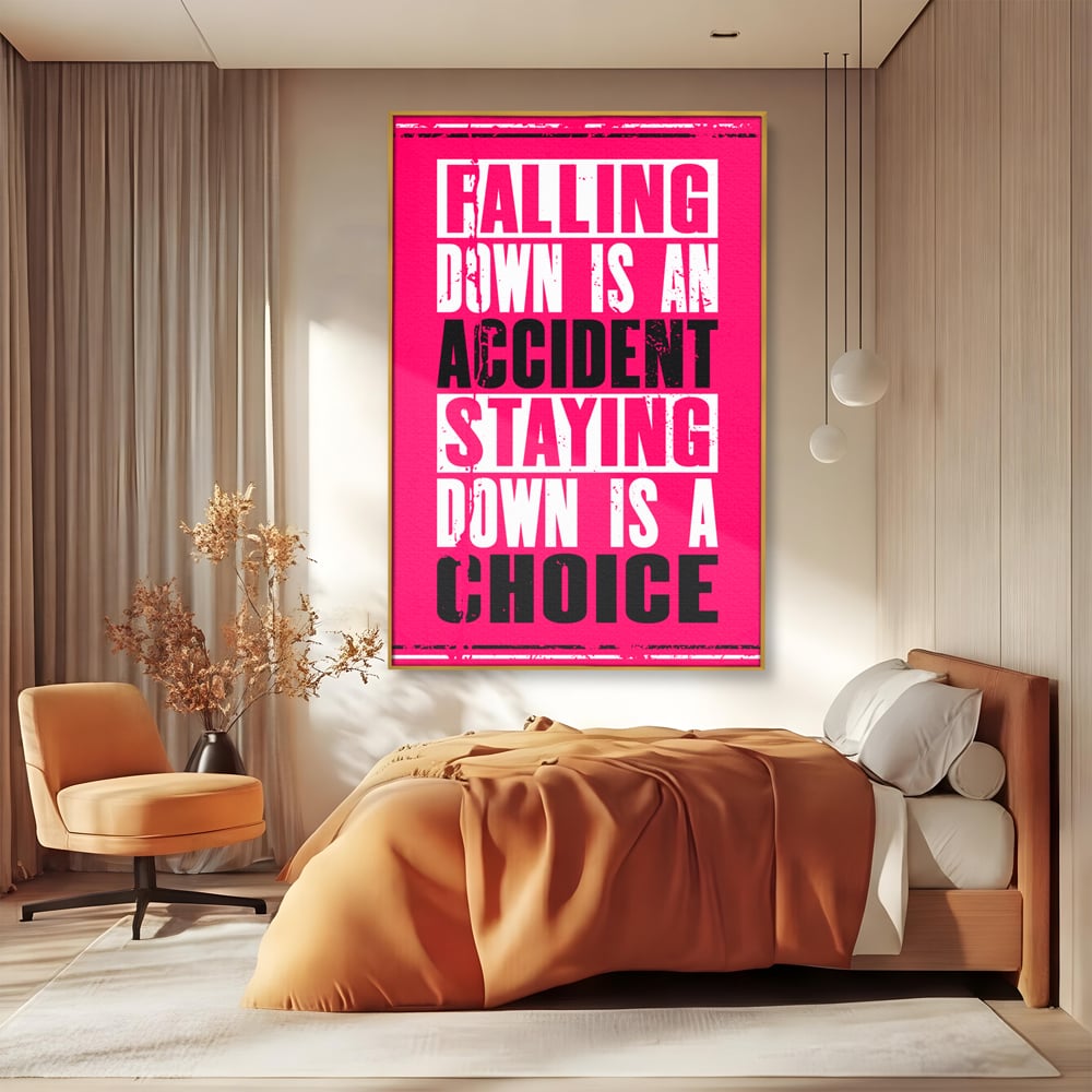 Tablou canvas cu tablou canvas cu citat motivational vertical, in rama de aluminiu auriu, pe perete intr-un dormitor