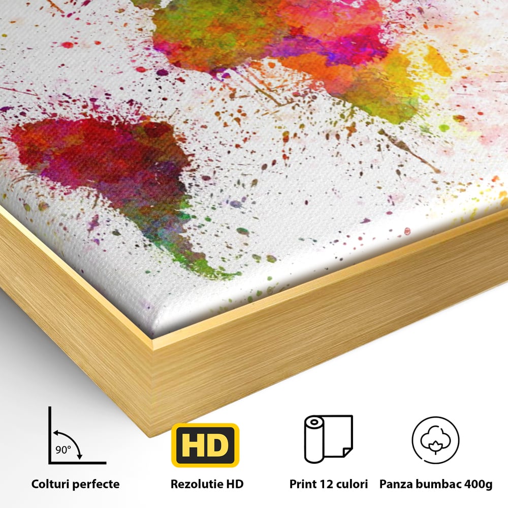 Detaliu al suprafetei: tablou canvas cu harta lumii pictata, in rama de aluminiu auriu