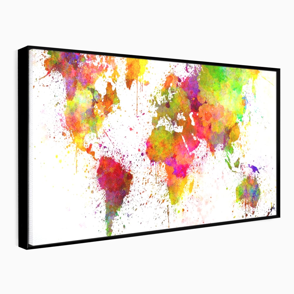 Tablou canvas cu tablou canvas cu harta lumii pictata, in rama de aluminiu negru