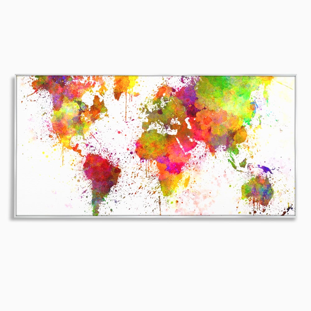 Tablou canvas cu tablou canvas cu harta lumii pictata, in rama de aluminiu argintiu