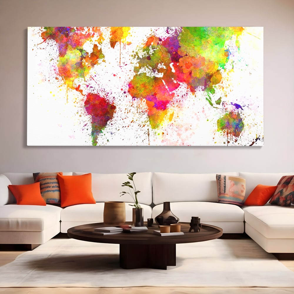 Tablou canvas cu tablou canvas cu harta lumii pictata, fara rama, pe sasiu de lemn, pe perete intr-un living