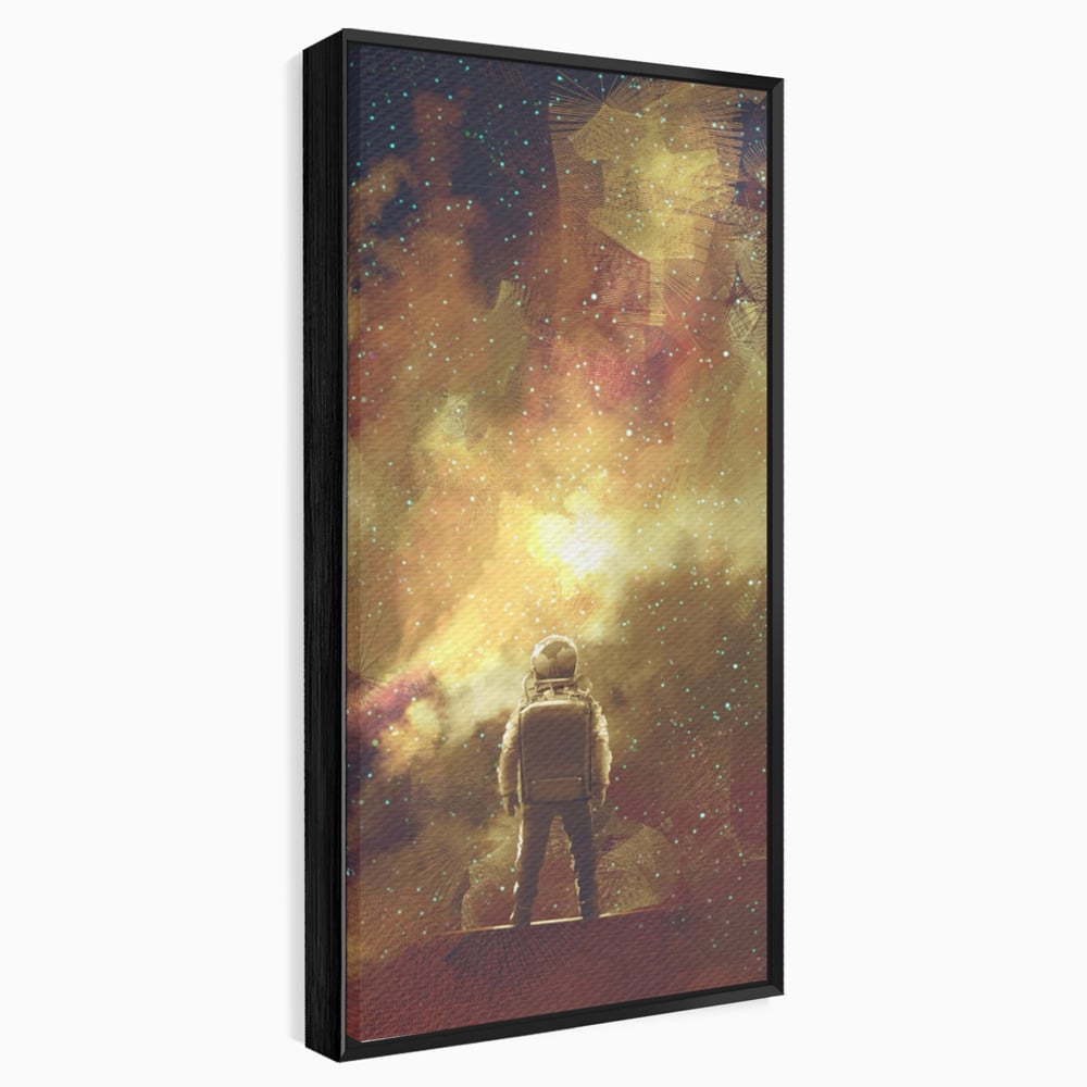 Tablou canvas cu ilustratie cu astronaut privind stelele, in rama de aluminiu negru