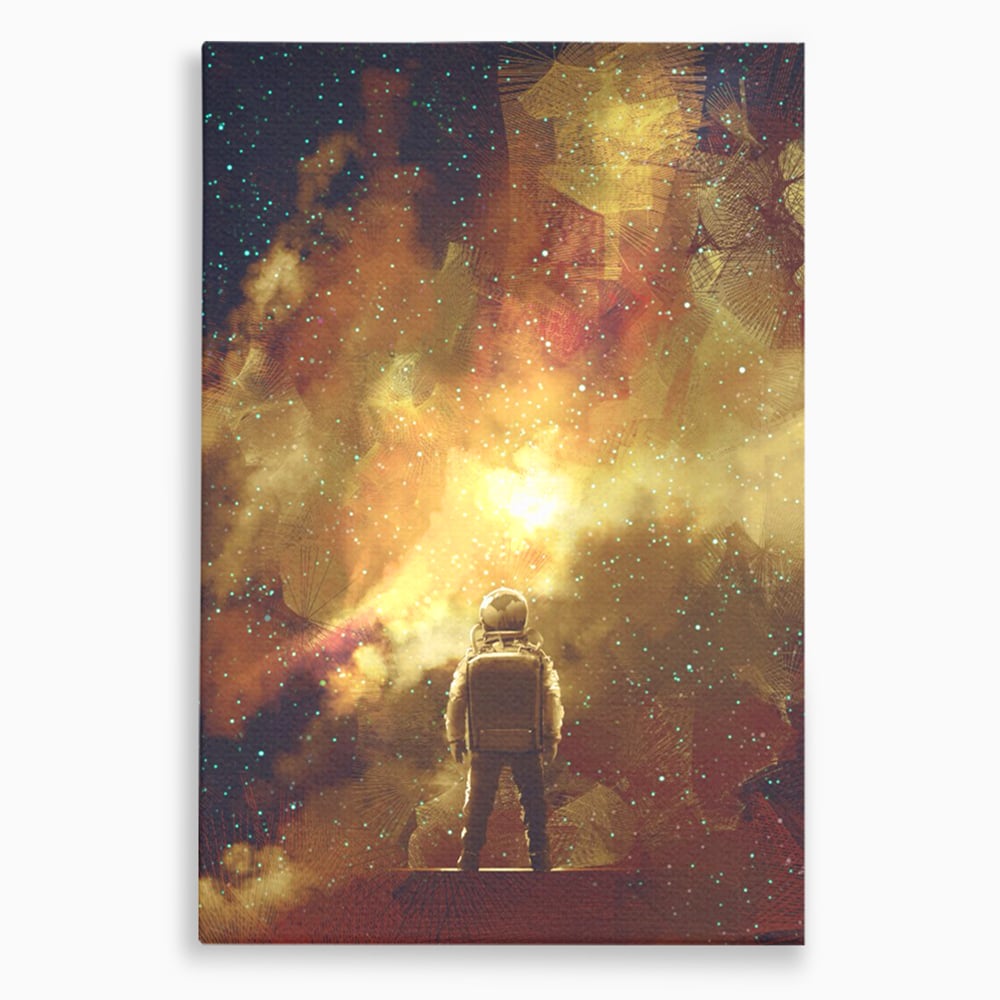 Tablou canvas cu ilustratie cu astronaut privind stelele, fara rama, pe sasiu de lemn