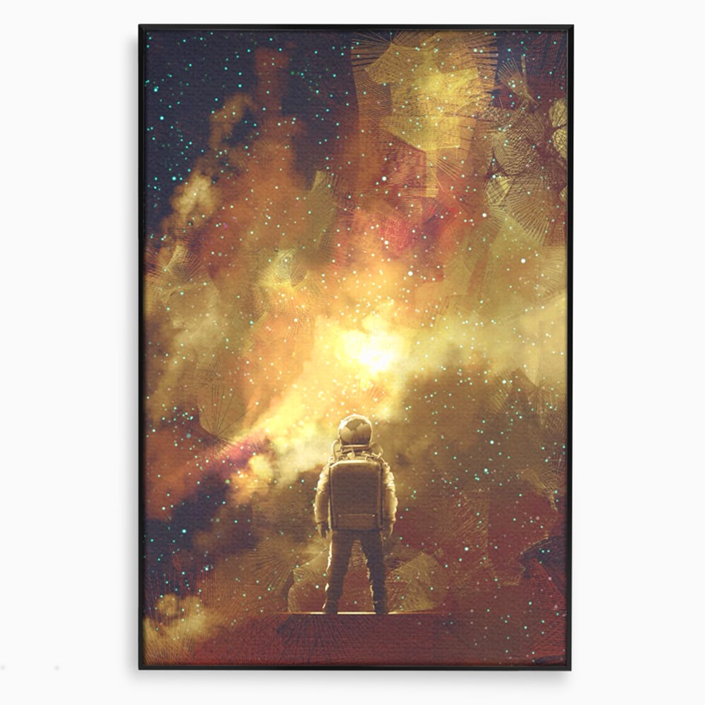 Tablou canvas cu ilustratie cu astronaut privind stelele, in rama de aluminiu negru