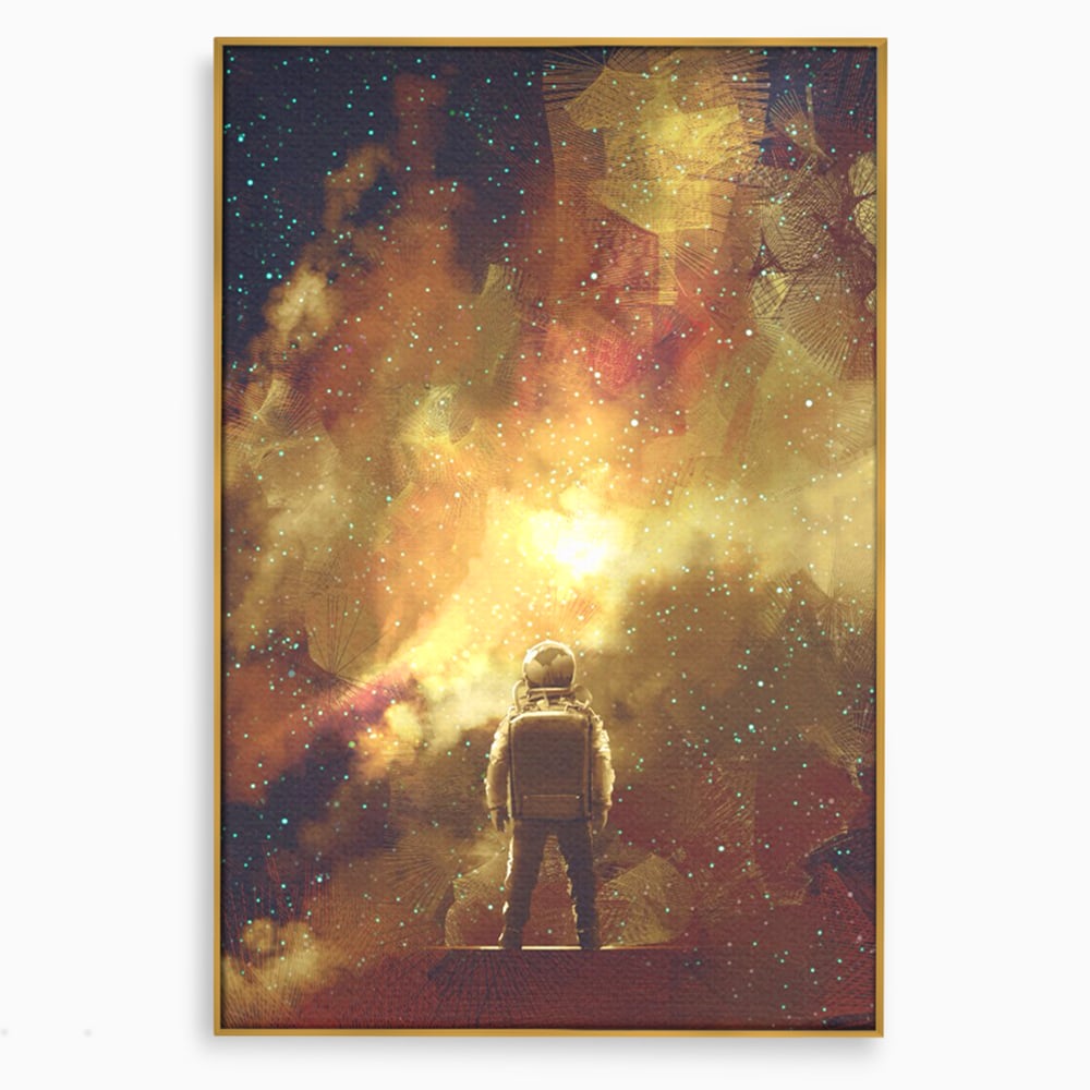 Tablou canvas cu ilustratie cu astronaut privind stelele, in rama de aluminiu auriu