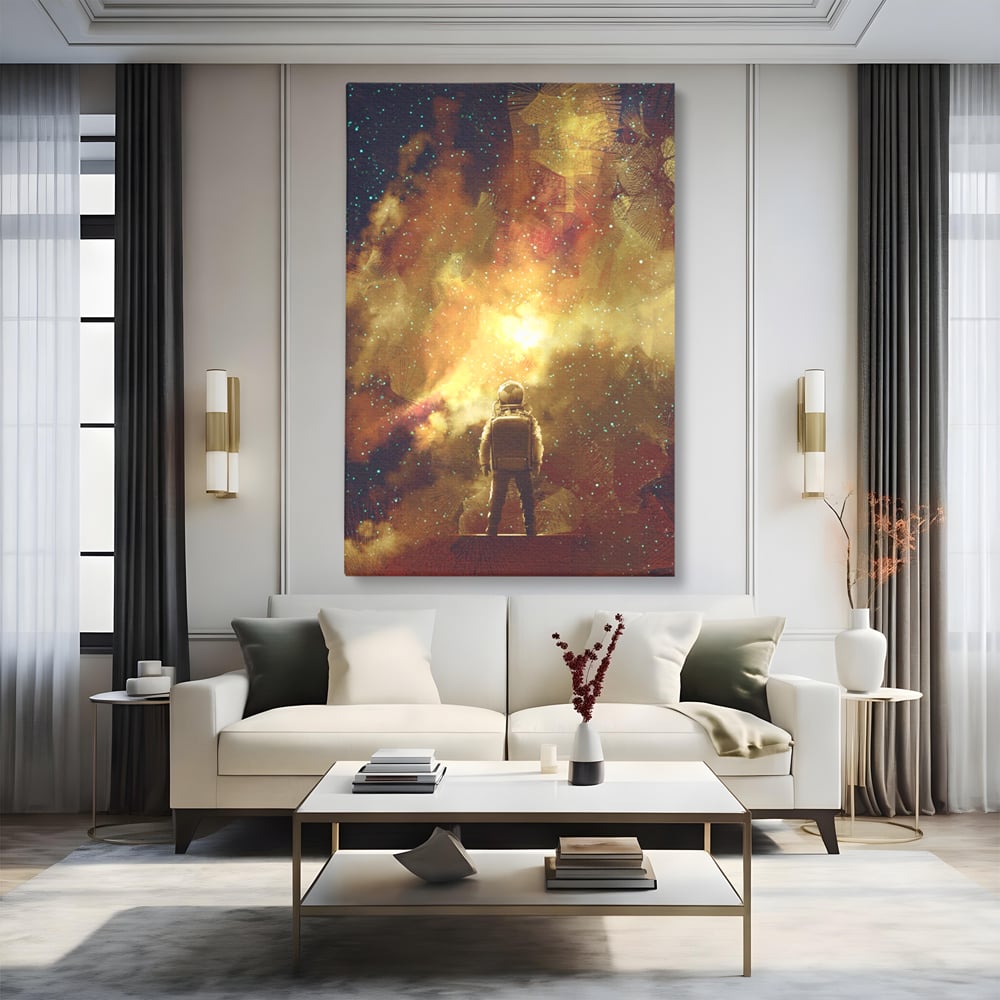 Tablou canvas cu ilustratie cu astronaut privind stelele, fara rama, pe sasiu de lemn, pe perete intr-un living
